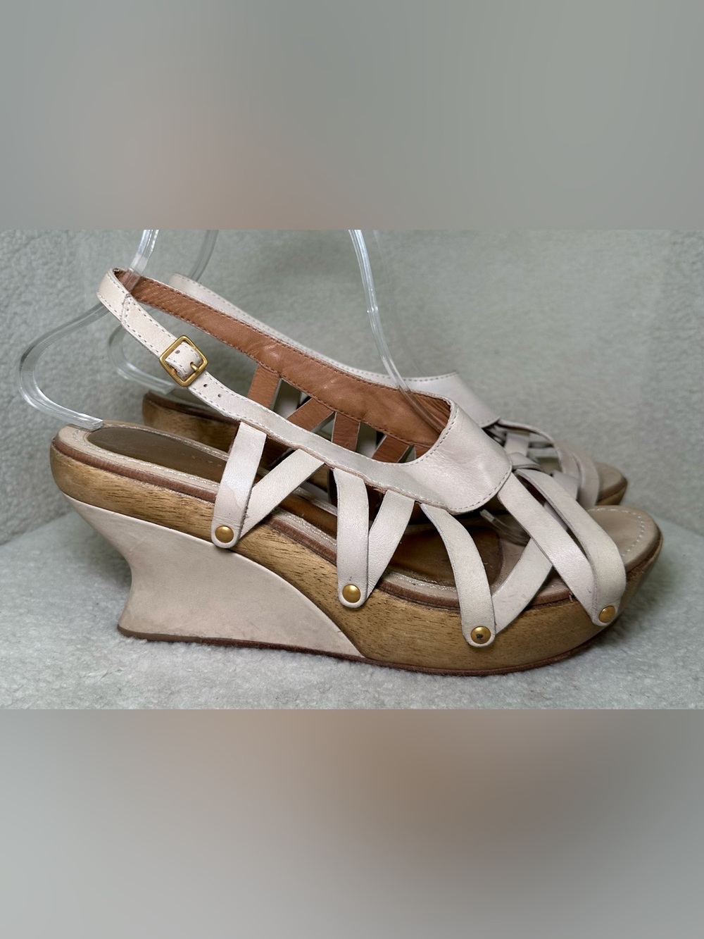 Leifsdottir Vintage Anthropologie Ivory Leather Wood Platform Wedge Strappy 9 - Picture 2 of 12